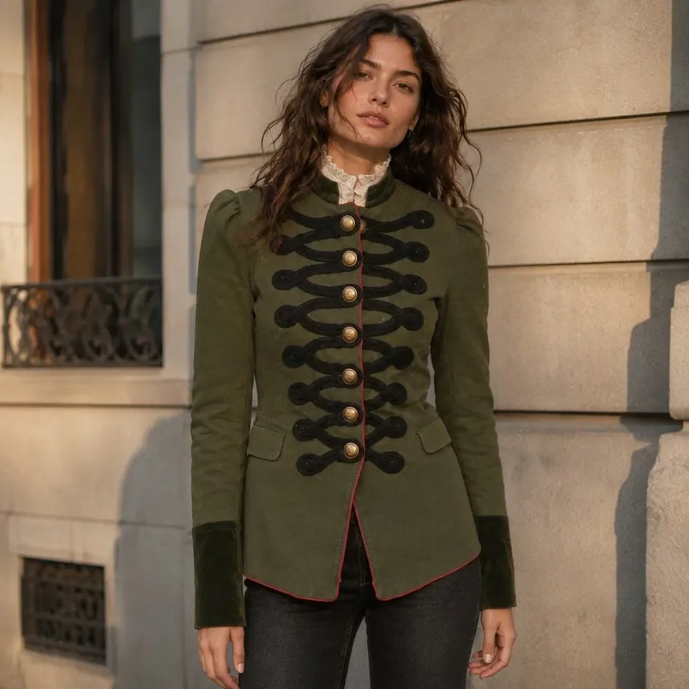 Free People Army Green Military Jacket XS Braided Trim Victorian Cotton